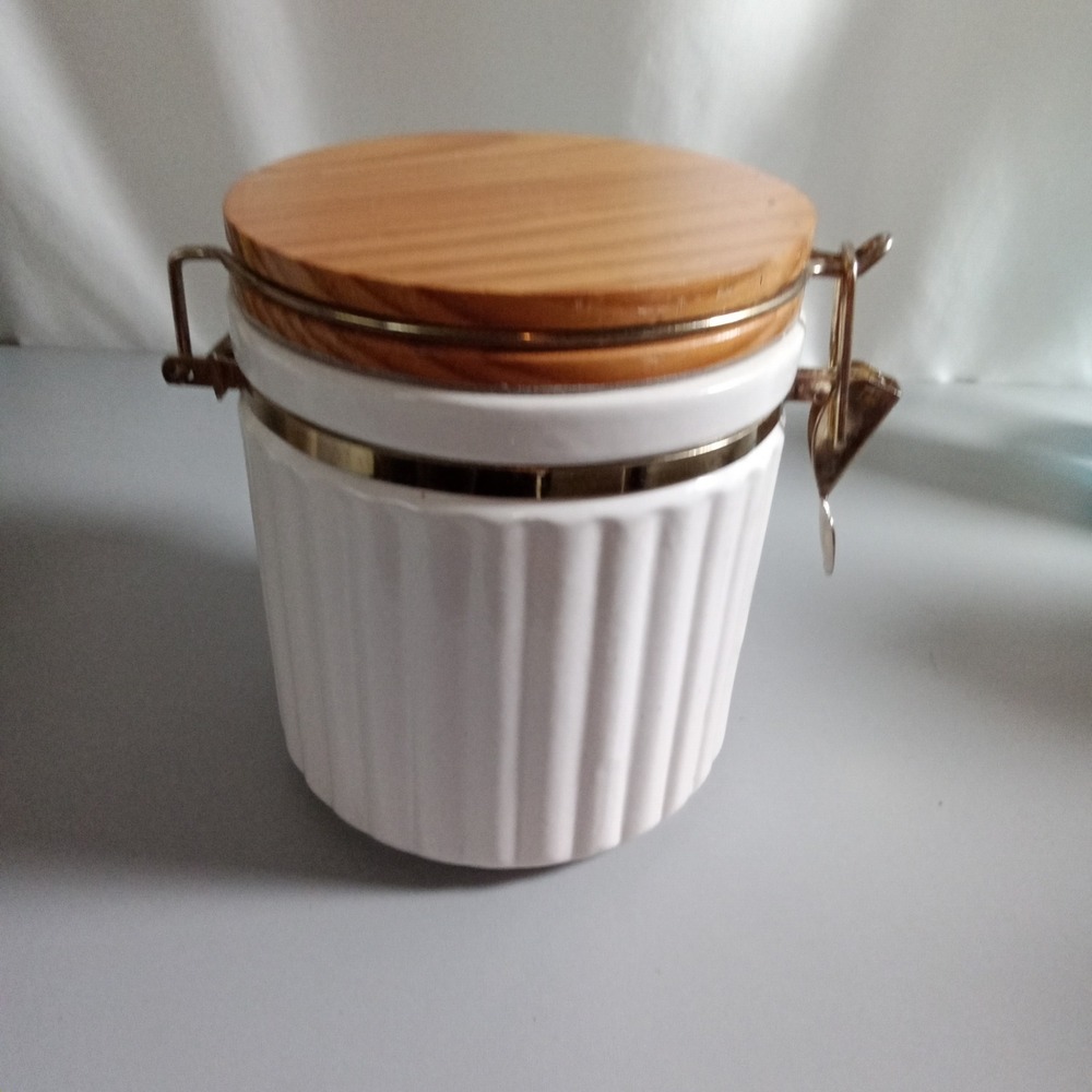 White Ribbed Ceramic Canister with Wood Lid and Wooden Scoop Spoon